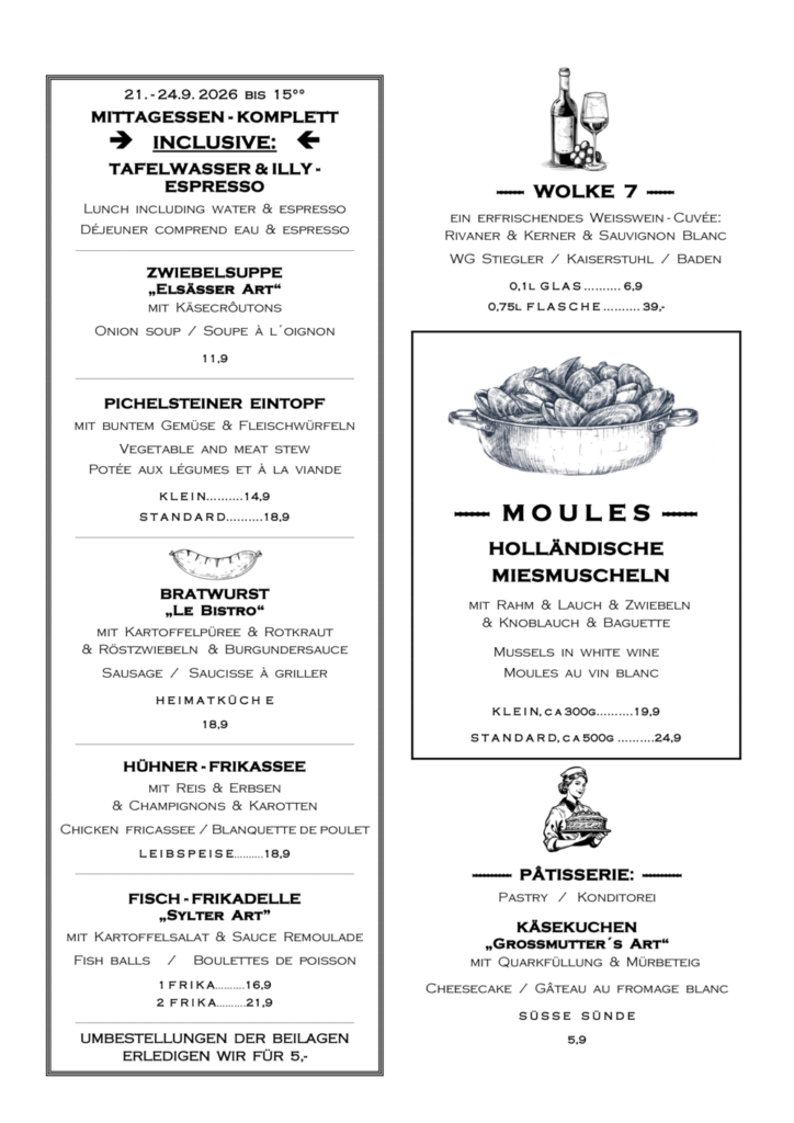 thumbnail of 21a. – 24.9.26 MK Zwiebelsuppe, Pichelsteiner Eintopf, Bratwurst, Hühner Frikassee, Fisch Frika, WOLKE 7,MUSCHELN,Käsekuchen