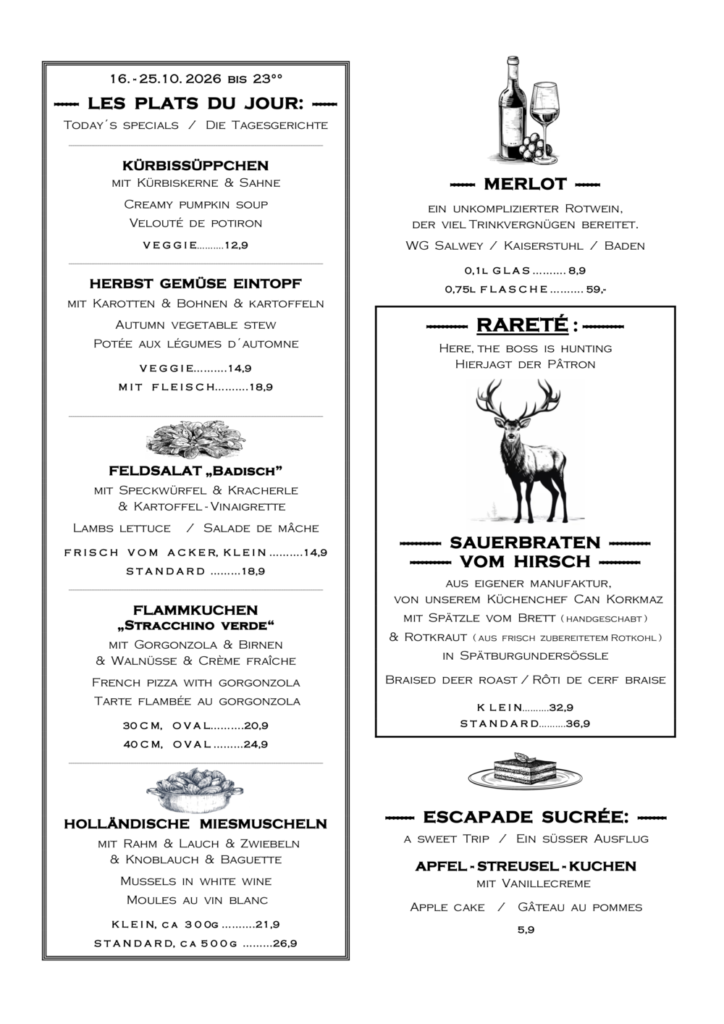 thumbnail of Oct. 16–25, 2026: WE Pumpkin soup, vegetable stew, lamb's lettuce, FK Gorgonzola, mussels, MERLOT, SAUERBRATEN venison, cheesecake